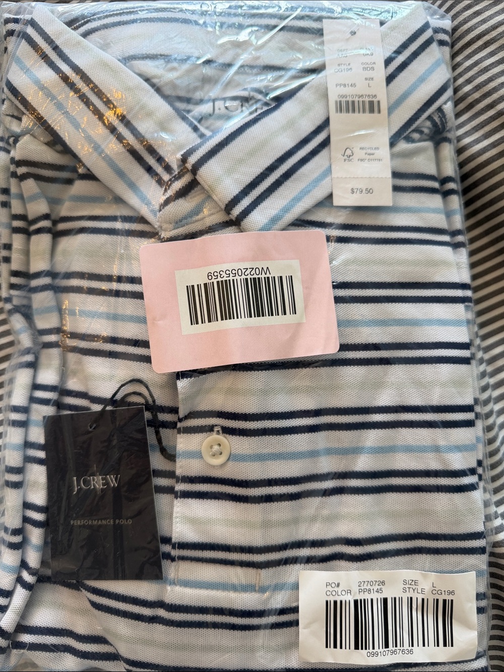 J. Crew White Polo with Navy and Light Blue Stripes nwt
